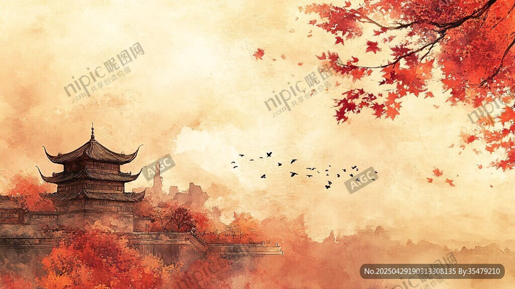 秋日古樓紅葉飛鳥圖