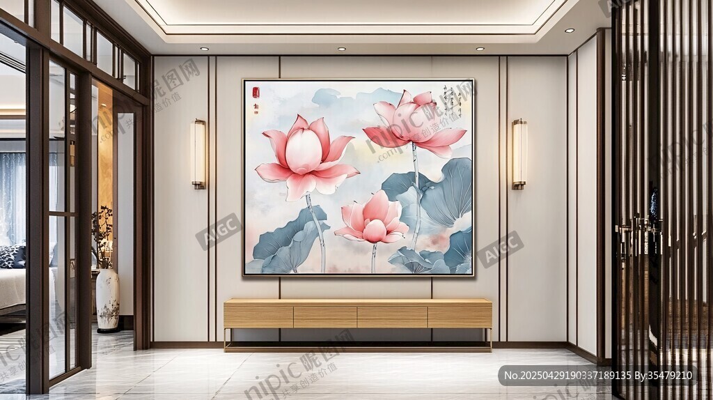 中式玄關(guān) 雅致荷花壁畫(huà)裝飾