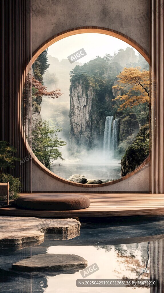 中式圓窗攬山水詩(shī)意景致