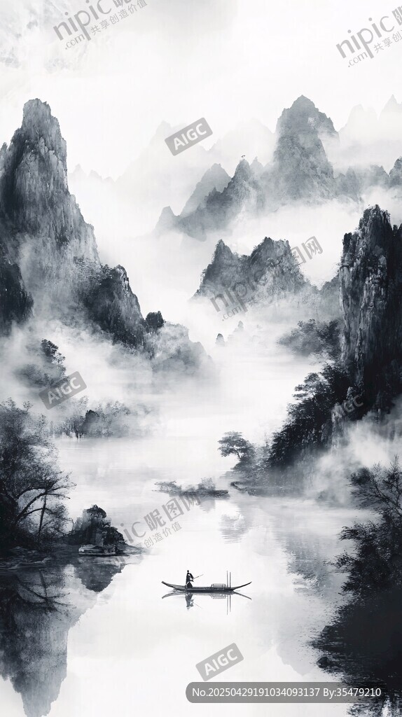水墨山水間的孤舟詩意