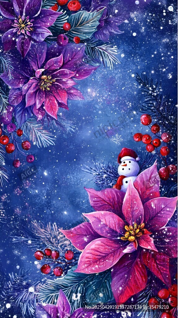 圣誕花卉雪景與可愛雪人