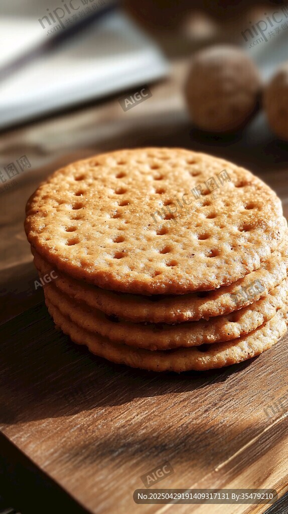 美味圓餅干堆疊在木砧板上