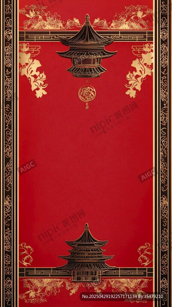 中式紅金古建筑邊框背景