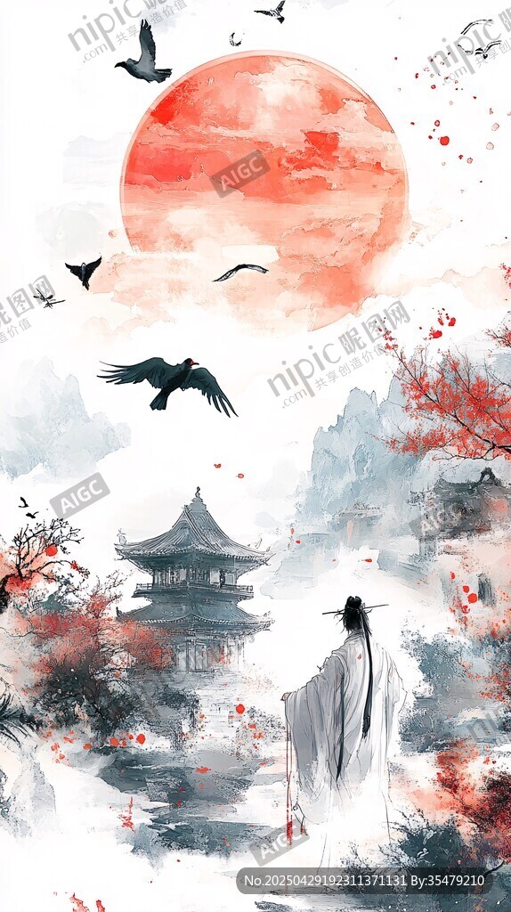 水墨古風(fēng) 雅士賞景飛鳥伴