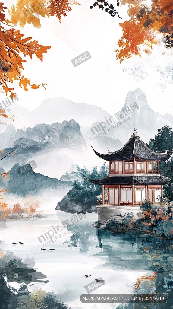 湖畔古亭秋景圖
