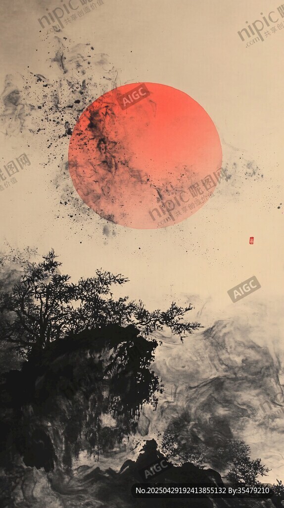 紅日懸山巔水墨意境圖