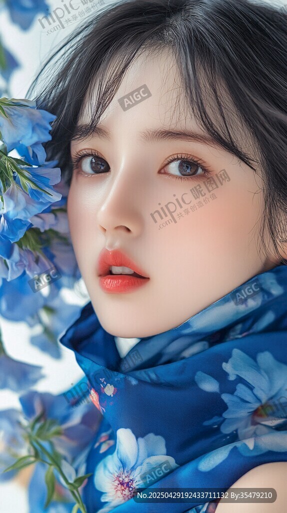 藍花簇擁的清新少女