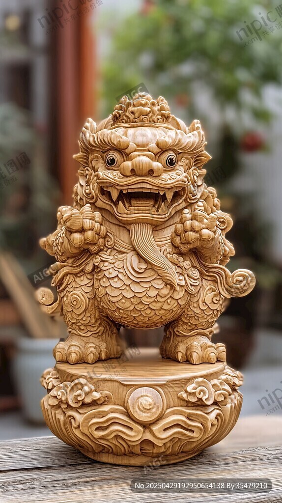 木雕麒麟擺件 工藝精美