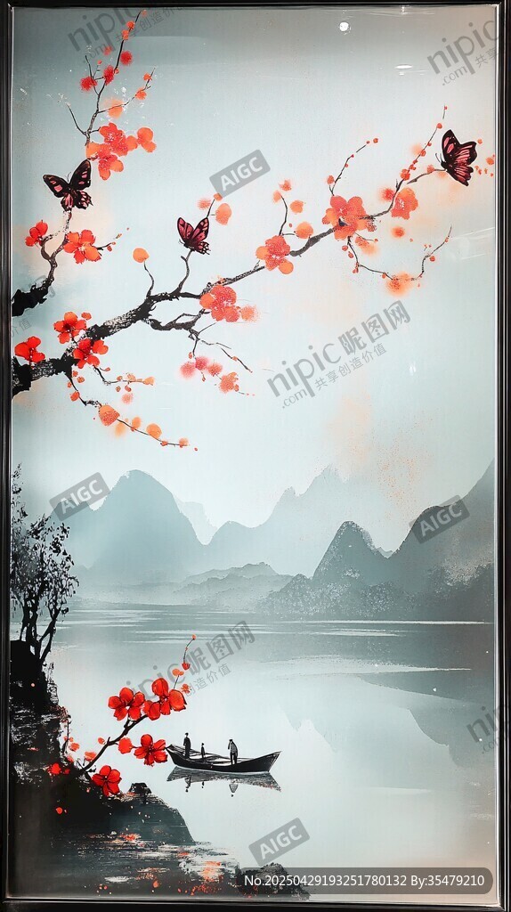 水墨紅梅山水泛舟圖