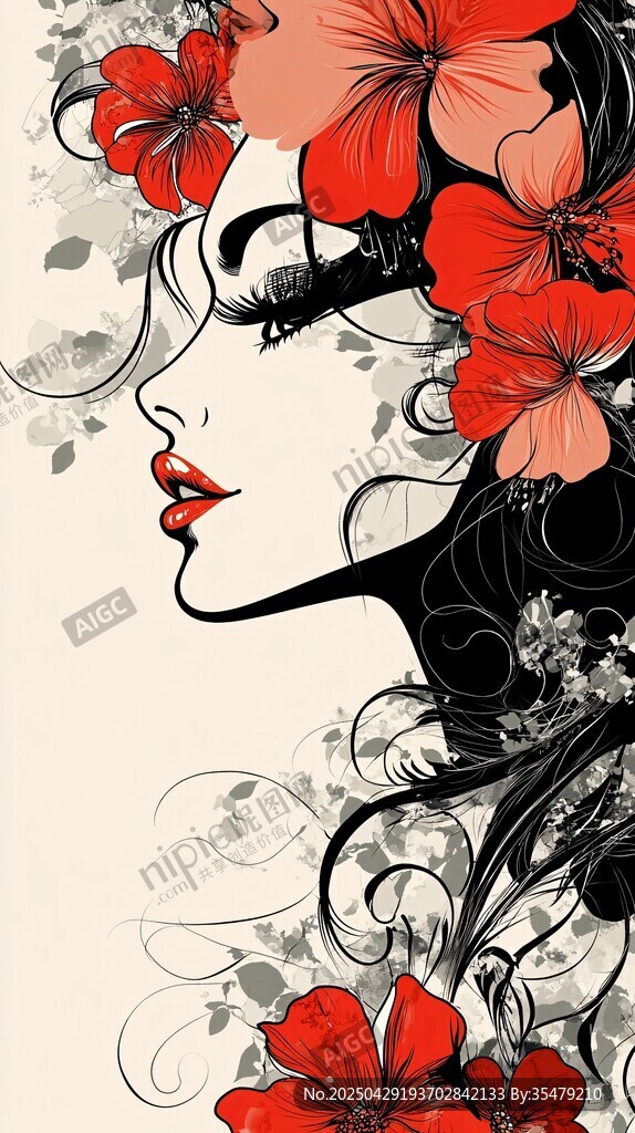 花朵環(huán)繞的優(yōu)雅女性側(cè)顏