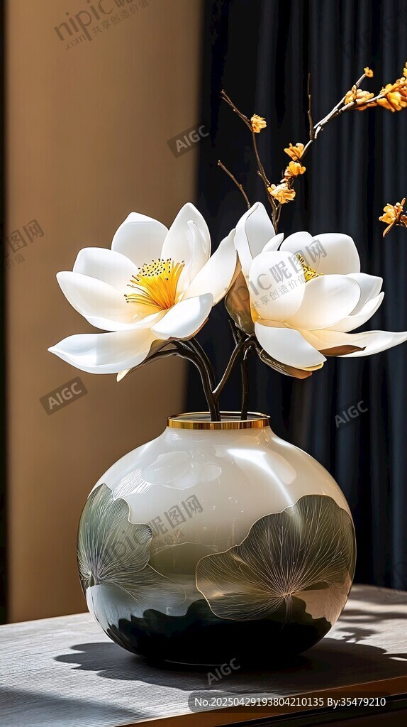 中式花瓶插玉蘭花擺件