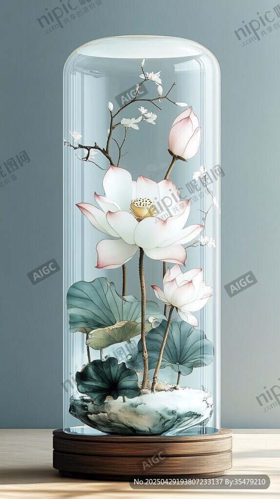 玻璃罩中的中式荷花景致