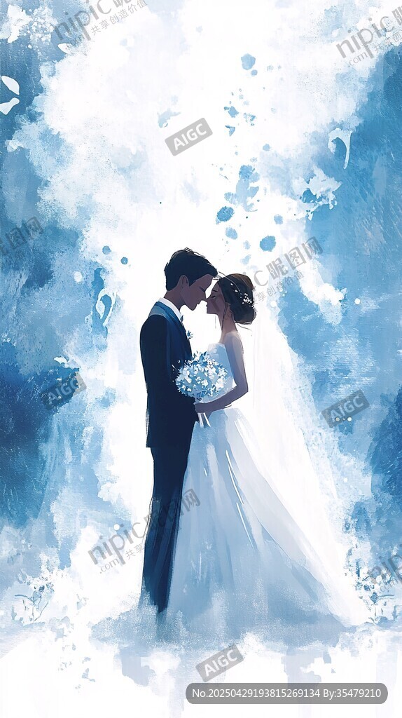 夢幻水彩下的浪漫新婚夫婦