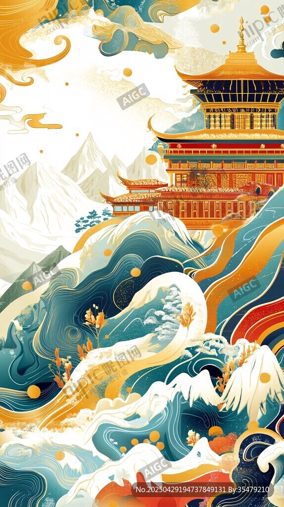 中式山水樓閣海浪畫卷