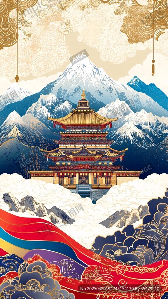 古風山水閣樓國風插畫