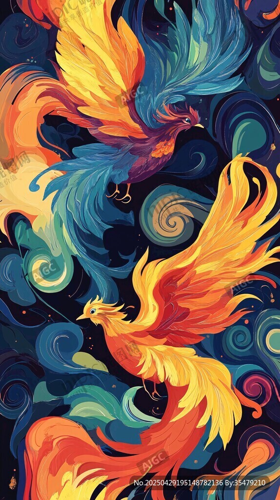 雙鳳共舞奇幻絢麗插畫