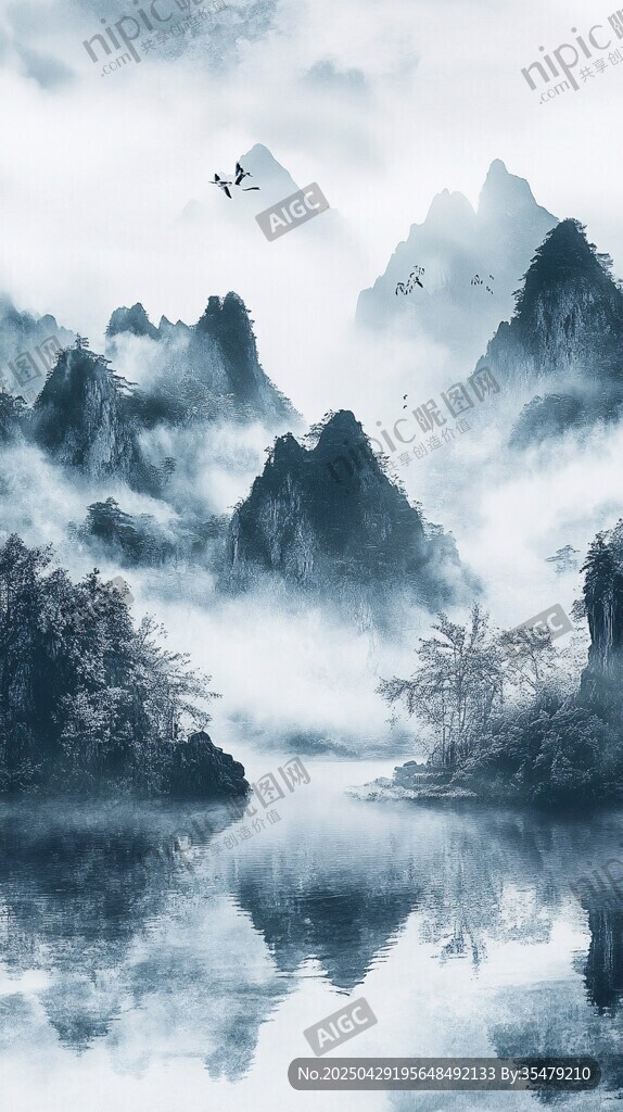 水墨山水間的詩意自然圖景