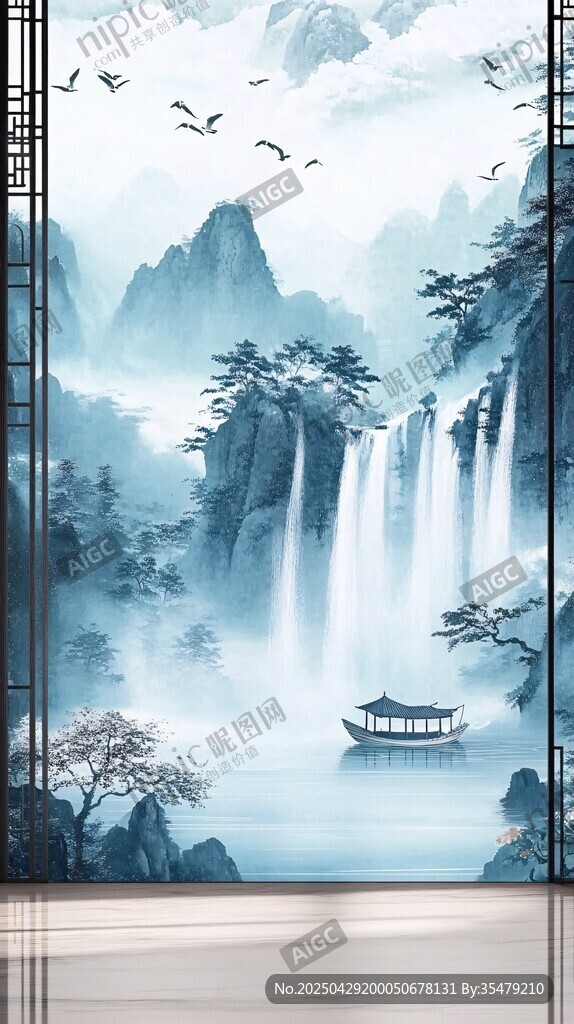 中式山水意境玄關(guān)壁畫