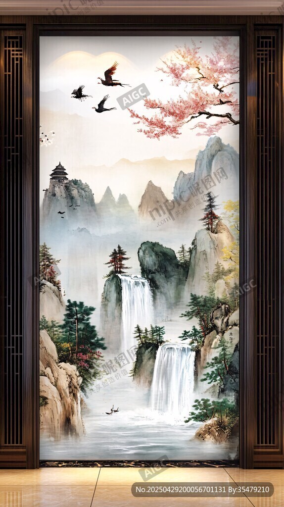 中式山水玄關(guān)壁畫美景