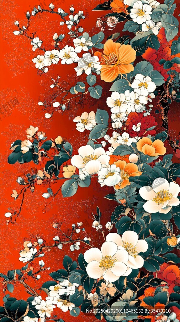丹紅背景繁花綻放圖