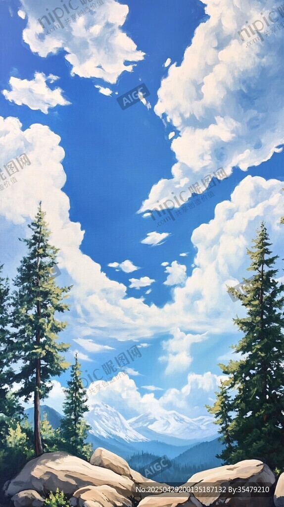 藍天白云下的山林美景