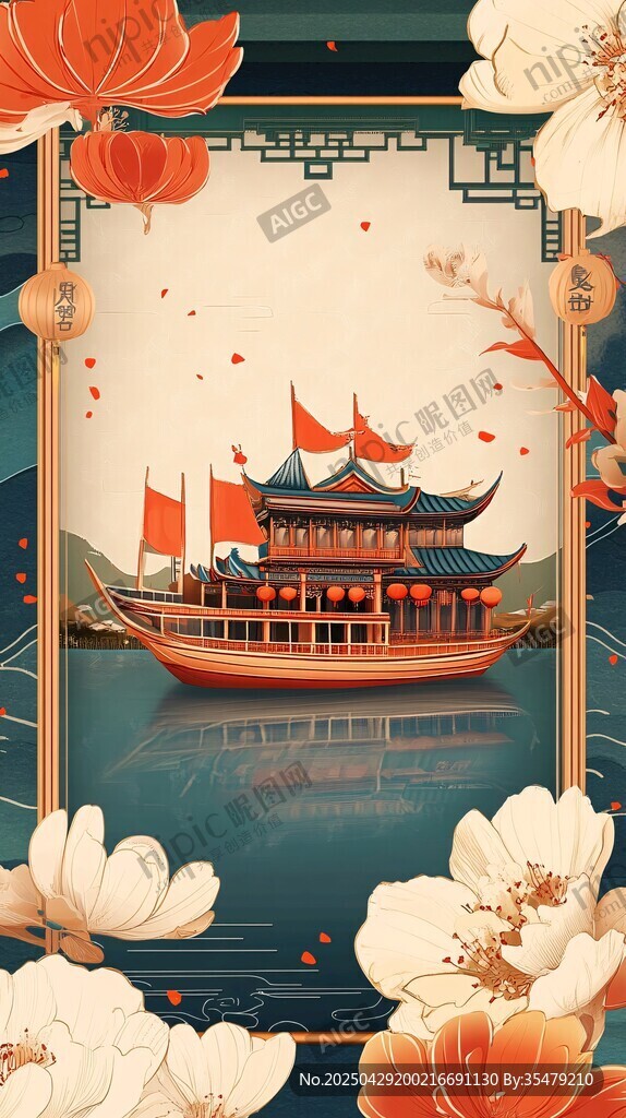 中式古風(fēng)游船花卉背景圖