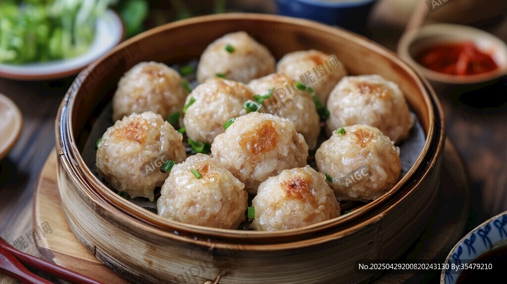 竹籠蒸制的美味糯米肉丸