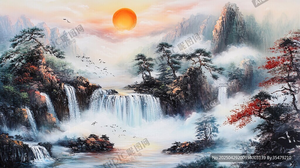 旭日下的山水瀑布美景