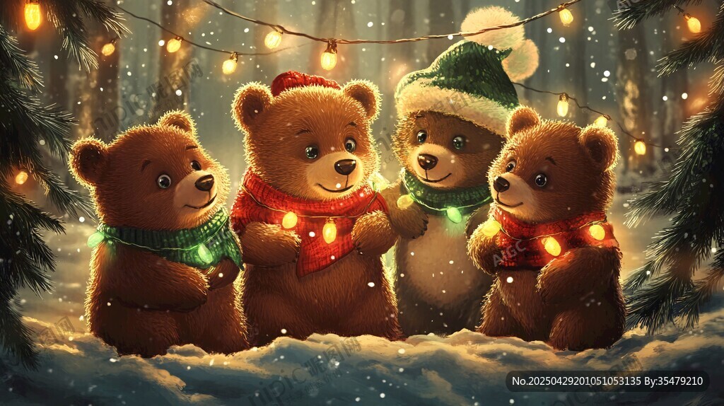 圣誕小熊歡聚在雪夜林間