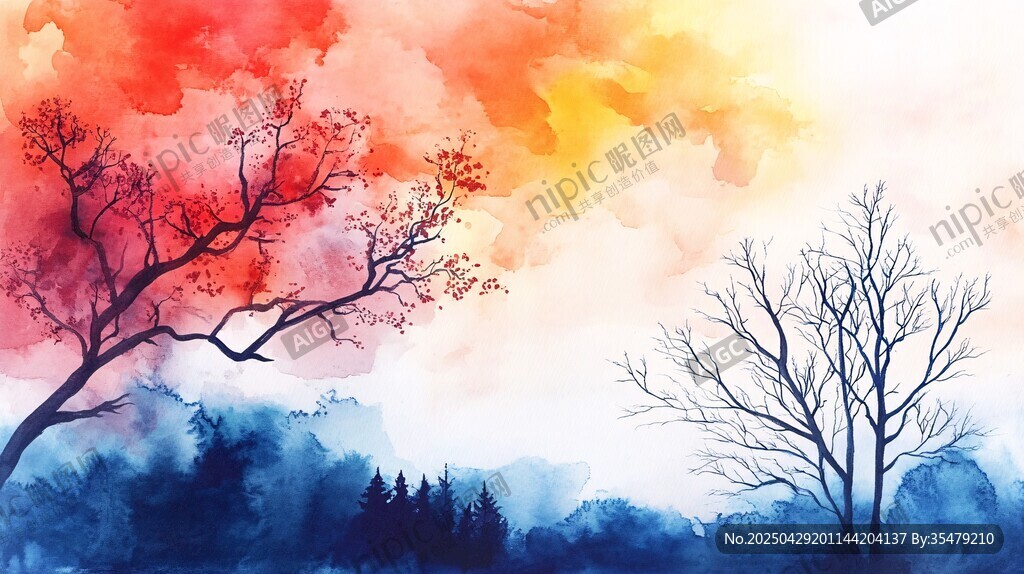 秋日夢幻水彩風景圖