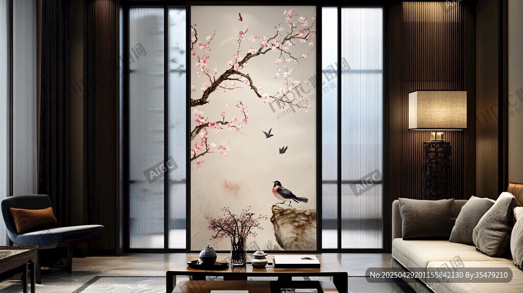 中式雅致客廳屏風(fēng)花鳥景