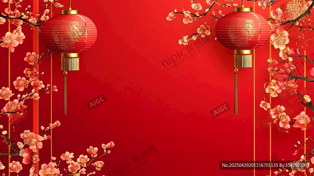 喜慶中式紅燈籠與繁花背景
