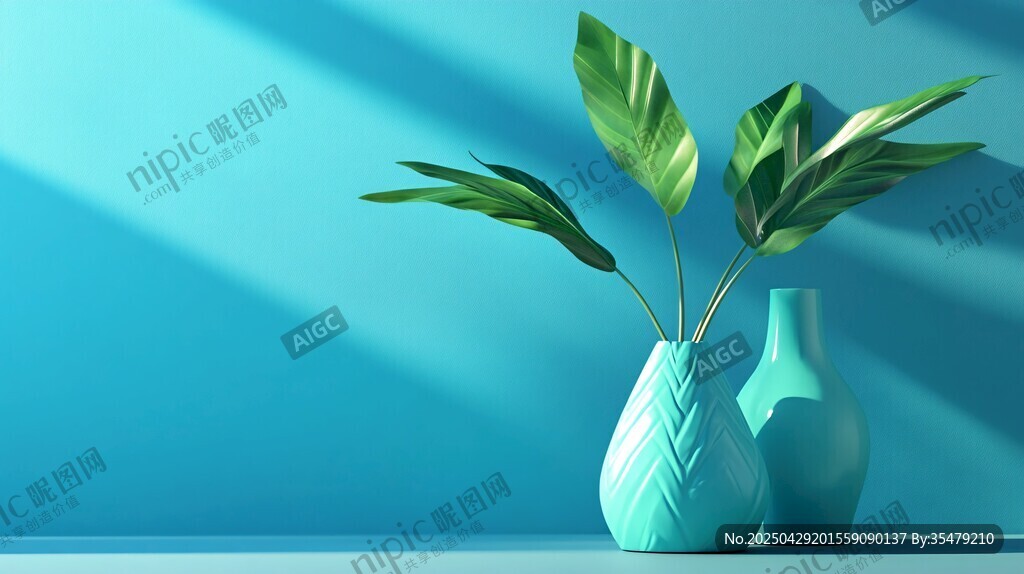 藍墻前的清新綠植花瓶