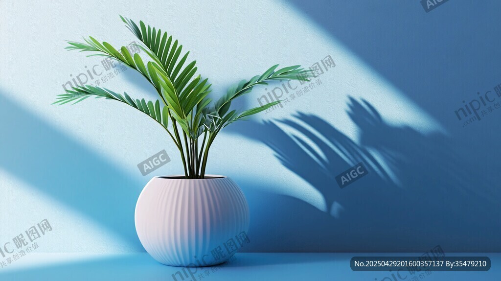 藍調(diào)背景下的盆栽綠植