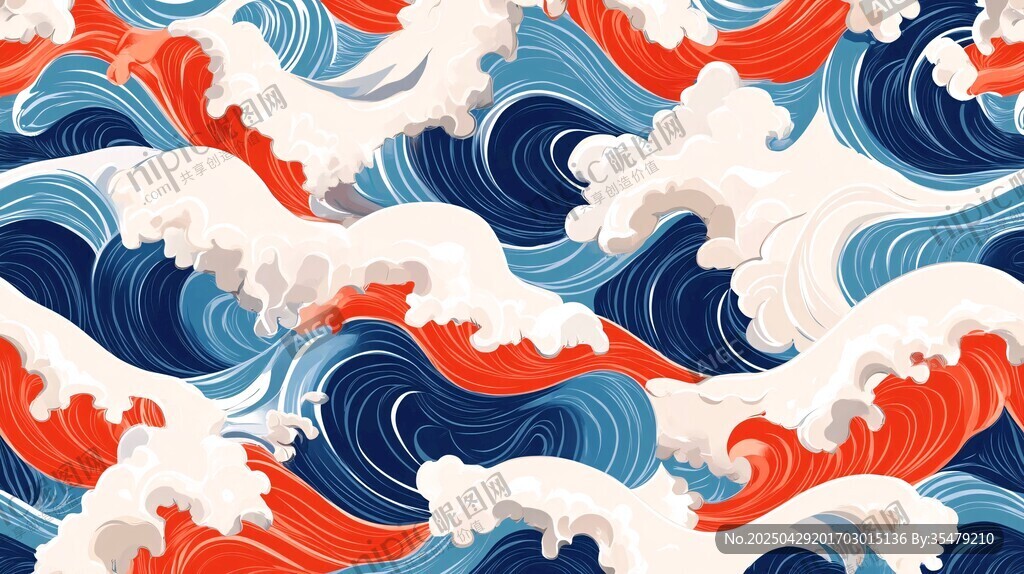海浪圖案 紅藍白交織的浪潮