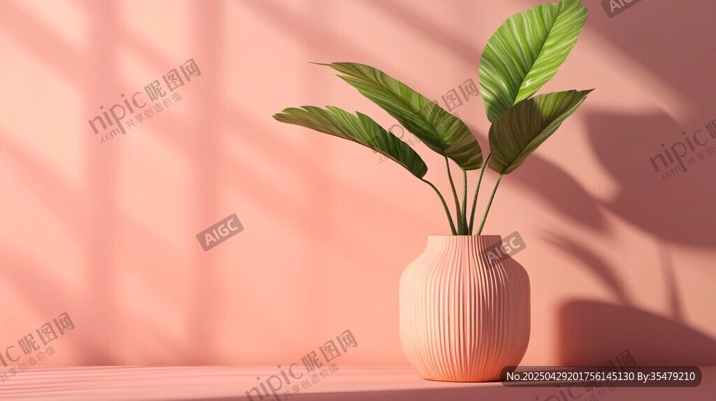 粉色背景中的綠植花瓶