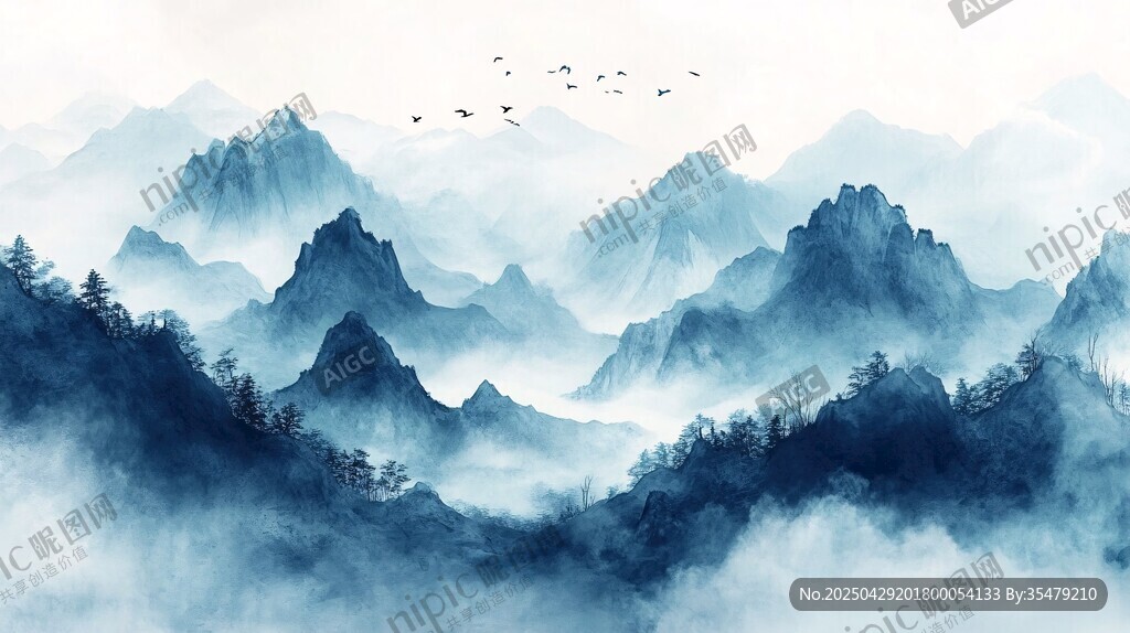 水墨群山飛鳥(niǎo)圖