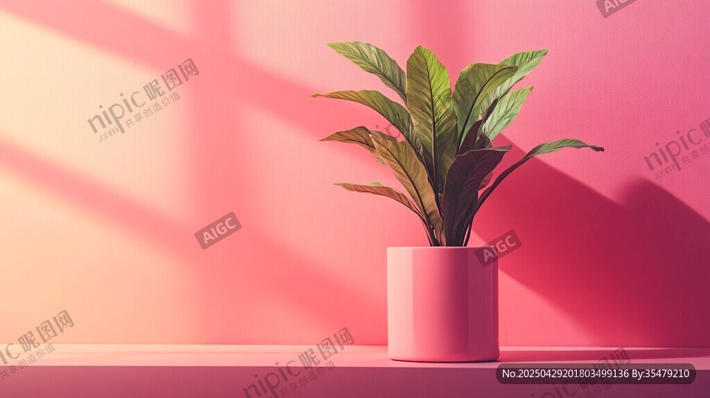 粉色背景中的清新綠植