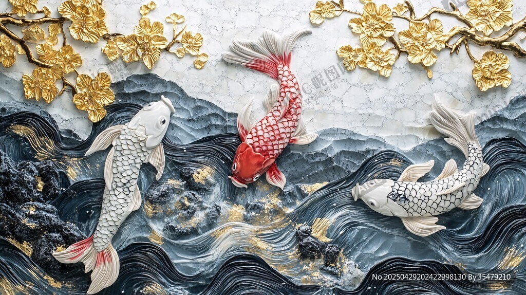 錦鯉戲浪金枝裝飾藝術(shù)畫