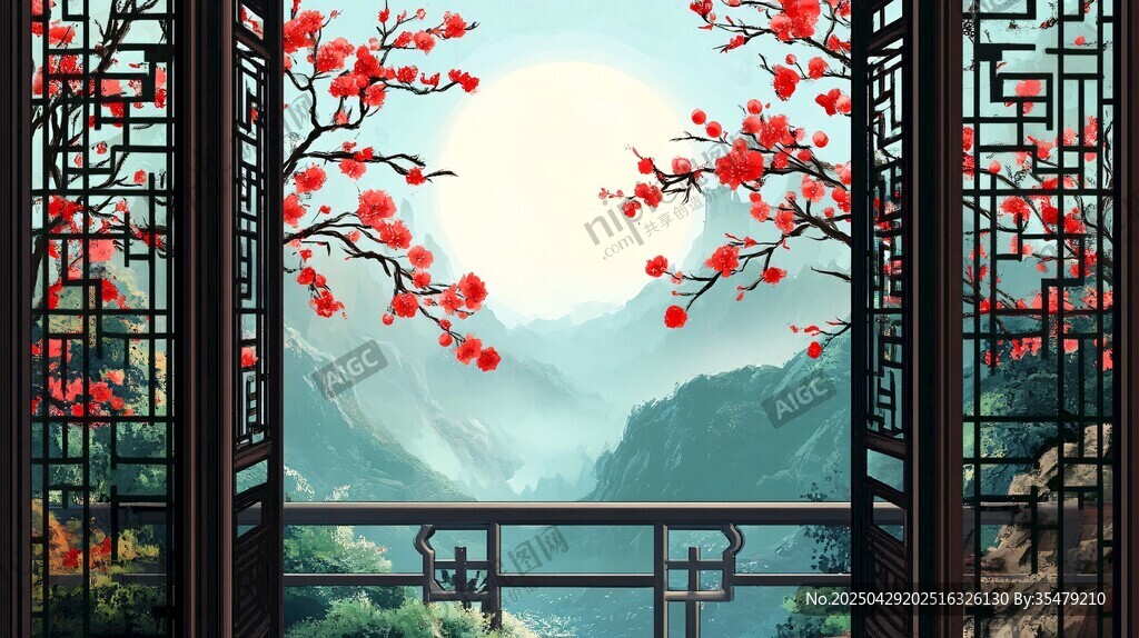 中式窗景賞紅梅映山川