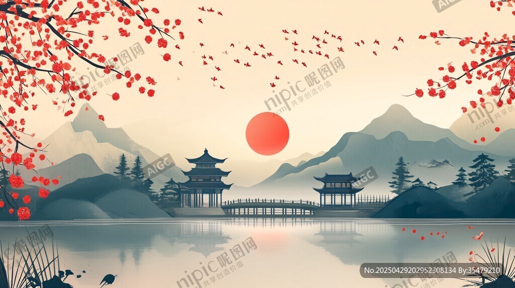 湖畔古亭映紅日紅梅