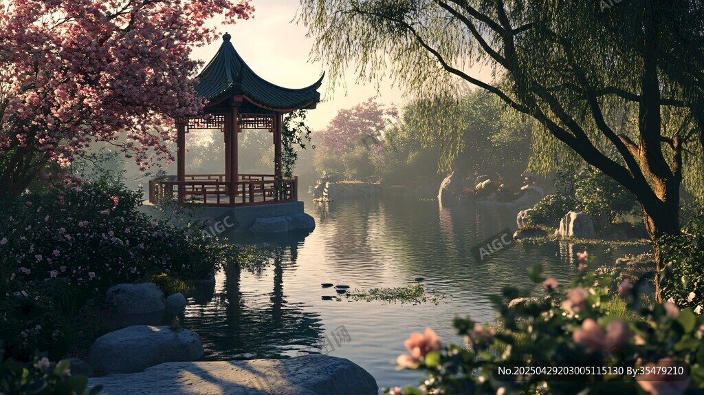 中式園林湖畔雅致亭景