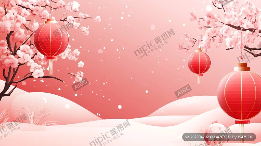 粉色浪漫 燈籠與櫻花雪景