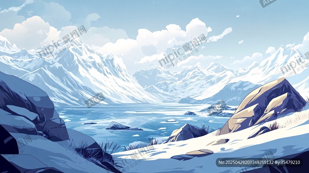 冰雪覆蓋的高山湖泊美景