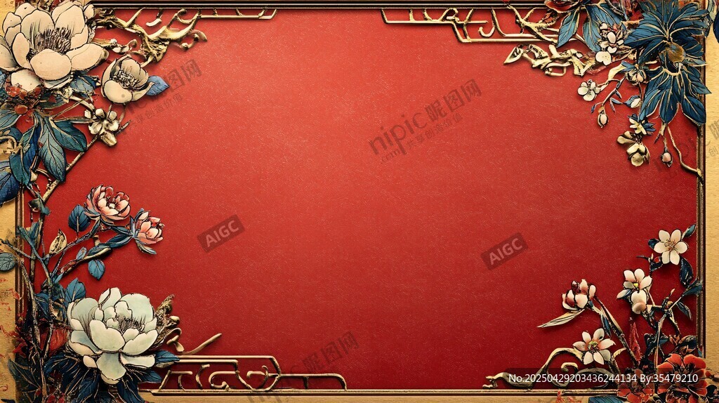 中式紅底花卉邊框背景圖