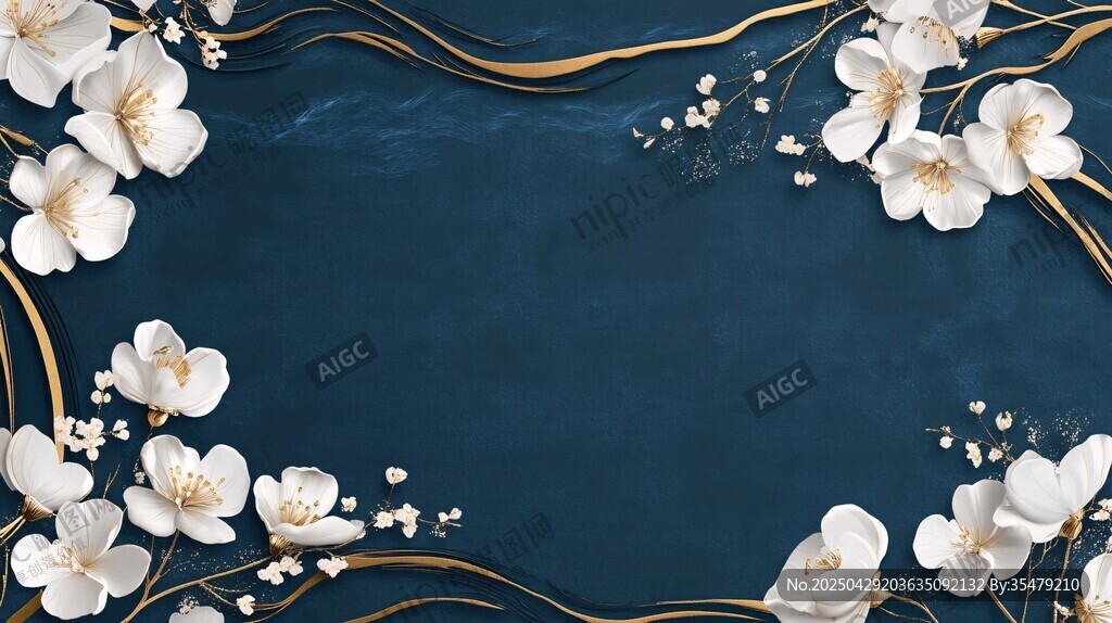 深藍(lán)背景白花金邊裝飾圖