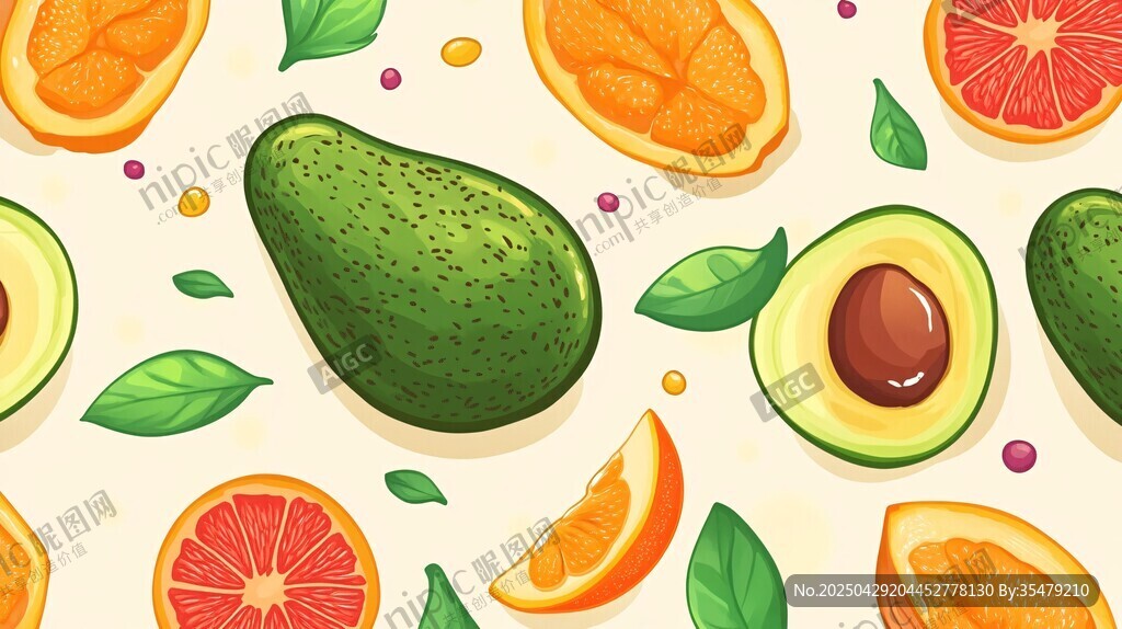 牛油果與柑橘類水果插畫