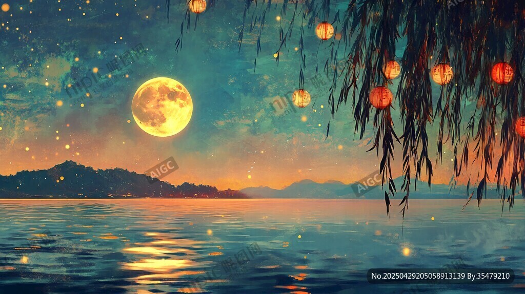 月夜湖畔掛燈籠夢幻景
