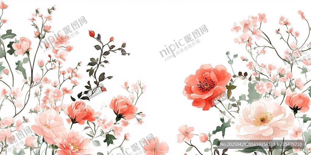 粉色花卉邊框插畫