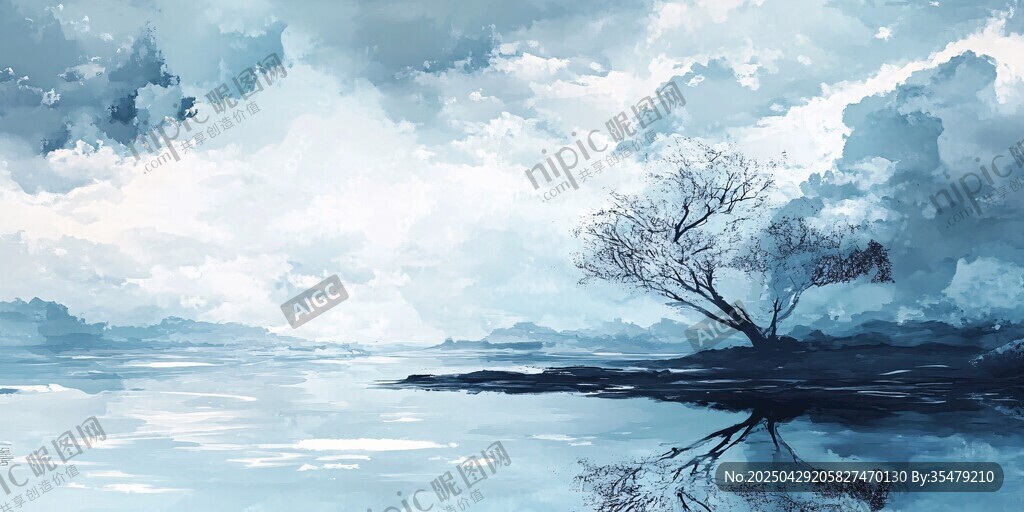 湖畔孤樹 水墨云景